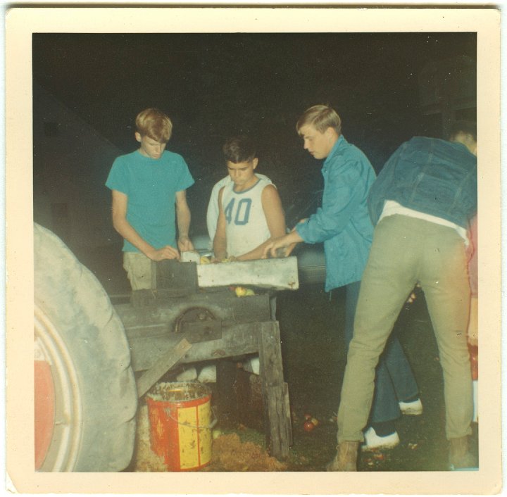 1265.jpg - MYF making apple cider.  1967c  Donnie Eichberger [?], Wilbur Leichty, Doug Graber.