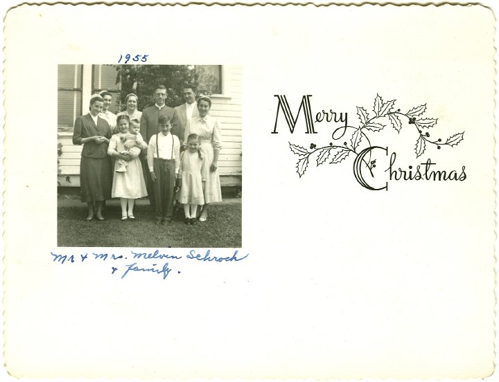 1343A.jpg - The Melvin Schrock Family, 1955.  left back:  Eunice 15, myself, Melvin, Paul 20.  Front:  Melva Anne 13, Rhoda 11 holding John 1yr., Jason 9, Julia 5, Esta 17 standing between Julia & Paul.