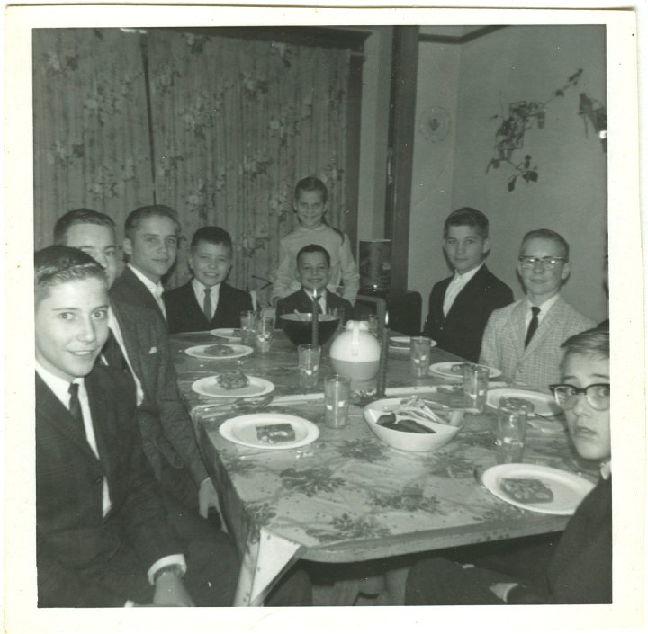 1225.jpg - Dean Boese, Larry Roth, Steve Decker, Tim Swiegart, Reynolds Roth, JoAnn Decker standing, Jim Decker, Keith Boese, Randy Sweigart.  1965c